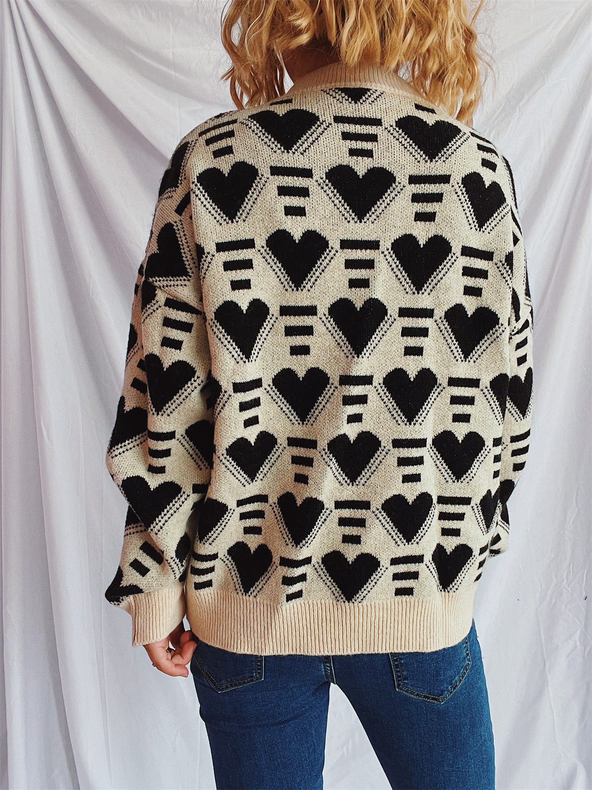 Heart Contrast Long Sleeve Dropped Shoulder Sweater