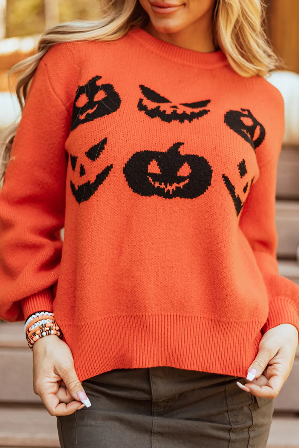 Pumpkin Pattern Round Neck Sweater