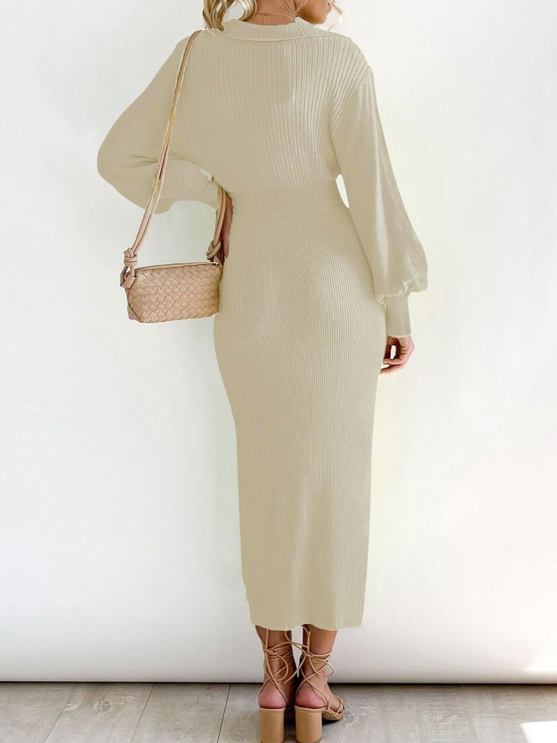 Perfee Tied Long Sleeve Wrap Sweater Dress