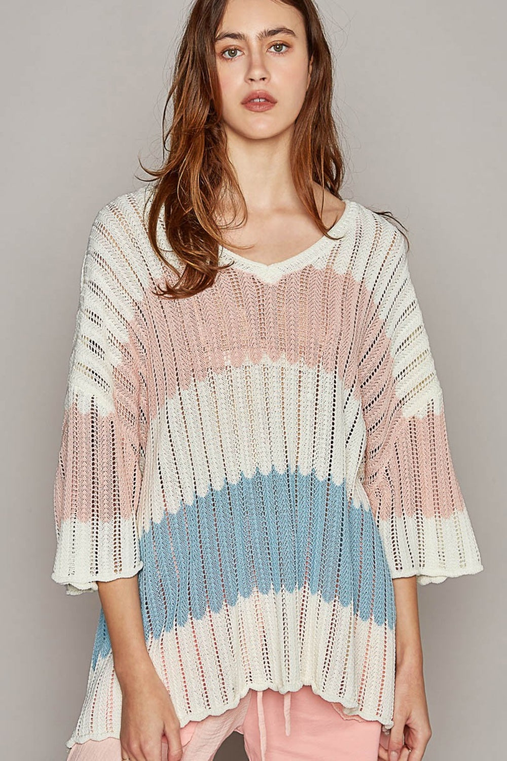 POL V-Neck Short Sleeve Stripe Weave Sweater