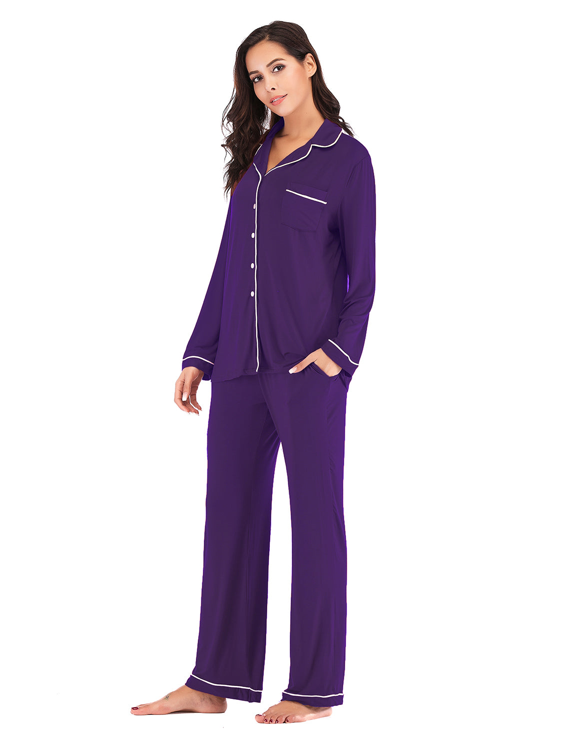 Collared Neck Long Sleeve Loungewear Set with Pockets