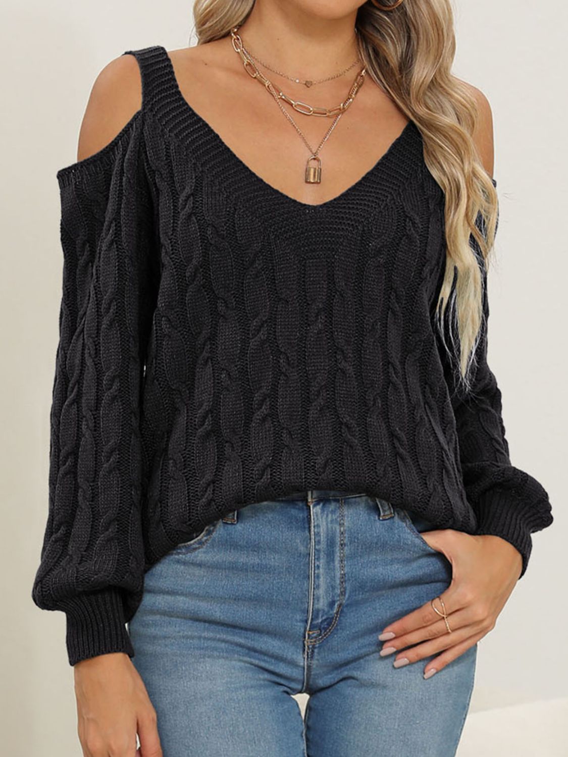 Cable-Knit V-Neck Long Sleeve Sweater