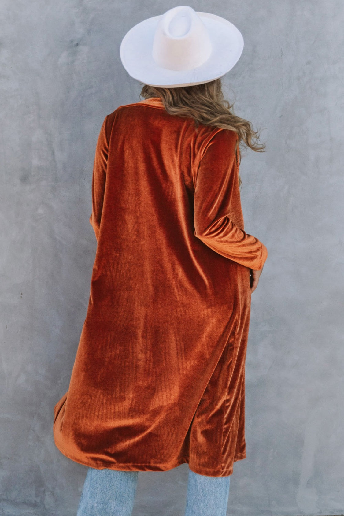 Honey Collared Neck Longline Velvet Cardigan with Pockets