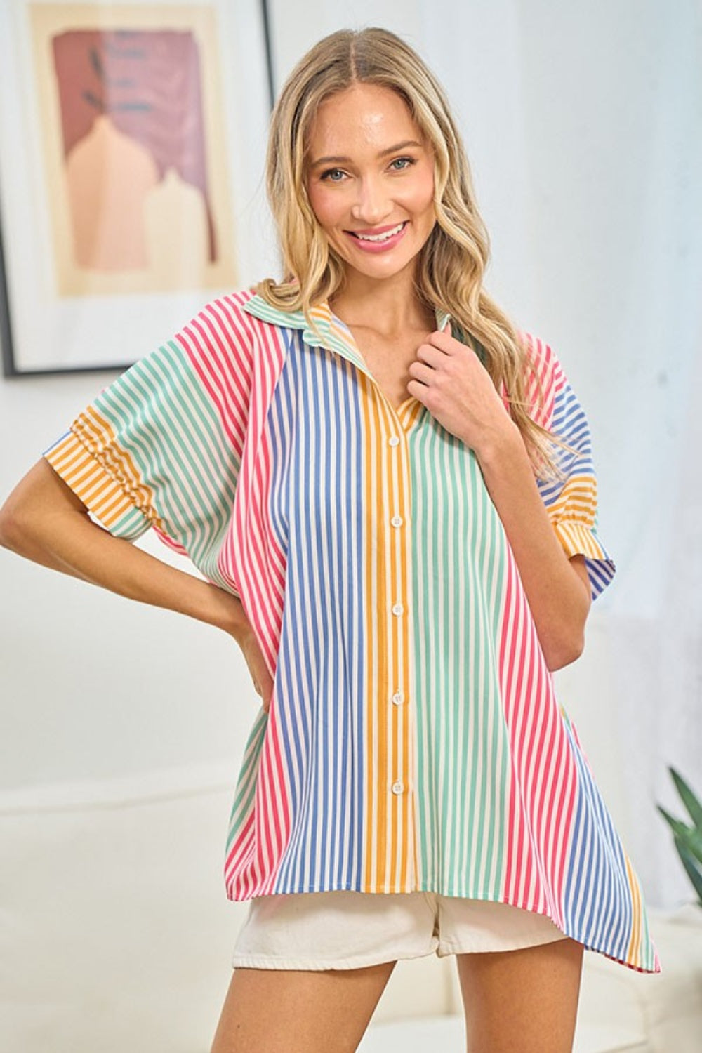 First Love Full Size Striped Button Down Short Sleeve Shirt