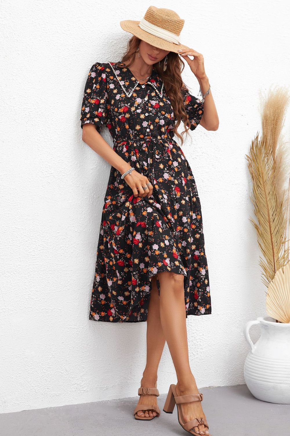 Honey Floral Collared Neck Puff Sleeve Dress