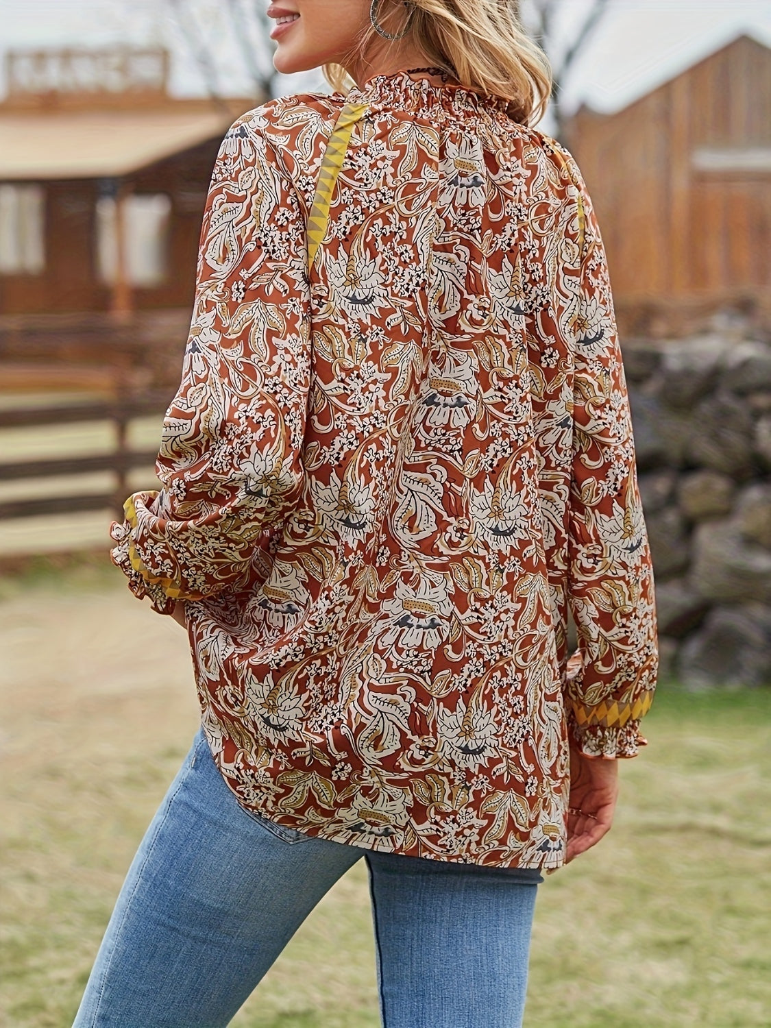 MeiMei Full Size Printed Notched Long Sleeve Blouse