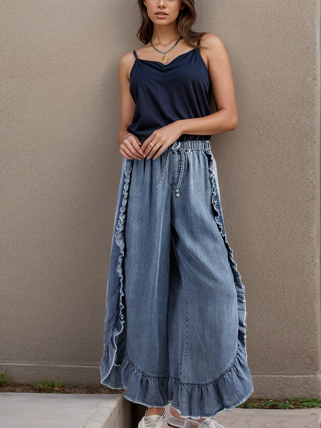 MeiMei Drawstring Ruffled Wide Leg Jeans