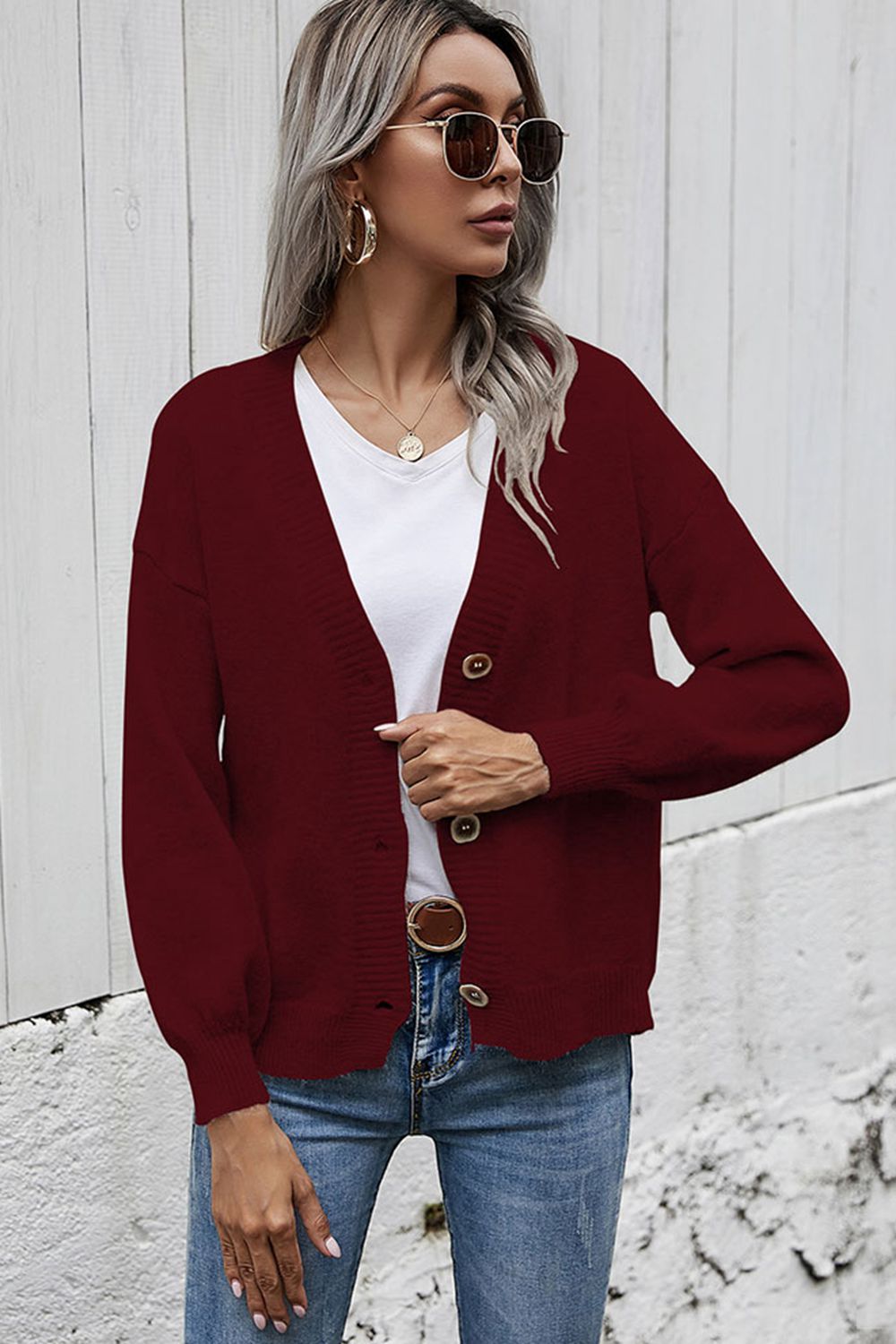 Shiny V-Neck Button-Down Dropped Shoulder Cardigan