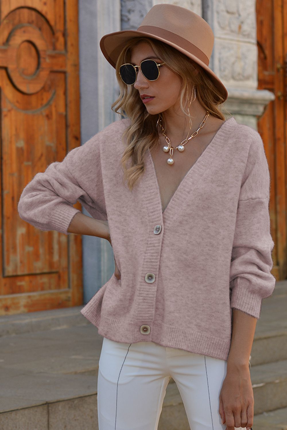 Shiny V-Neck Button-Down Dropped Shoulder Cardigan