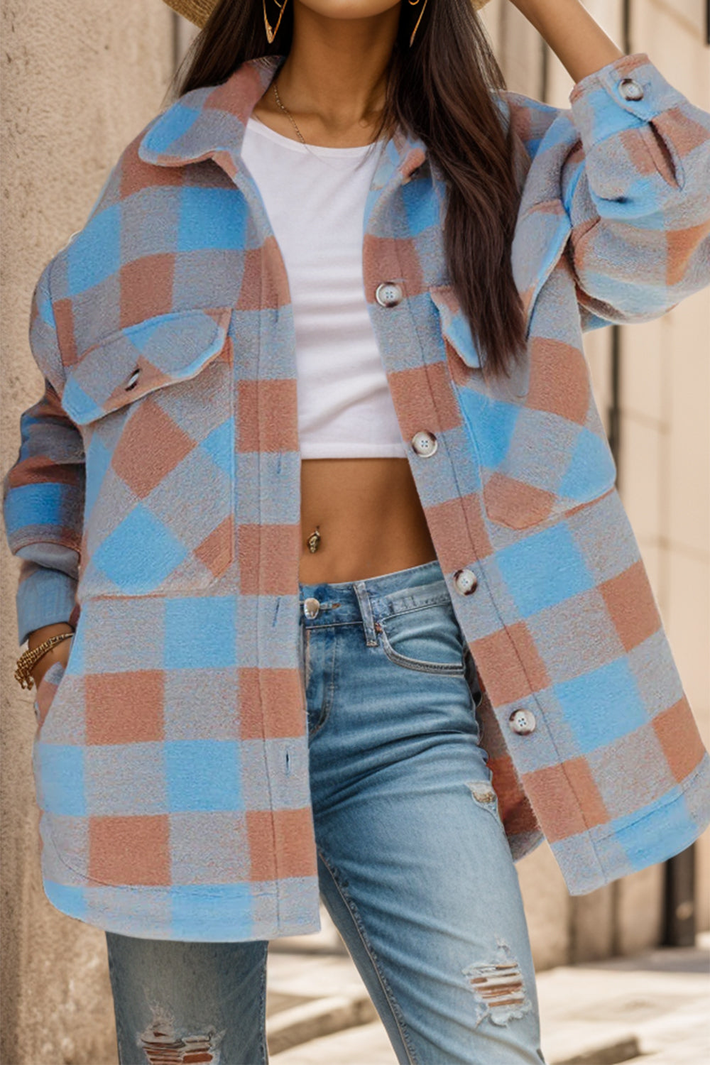 MeiMei Plaid Button Up Dropped Shoulder Jacket