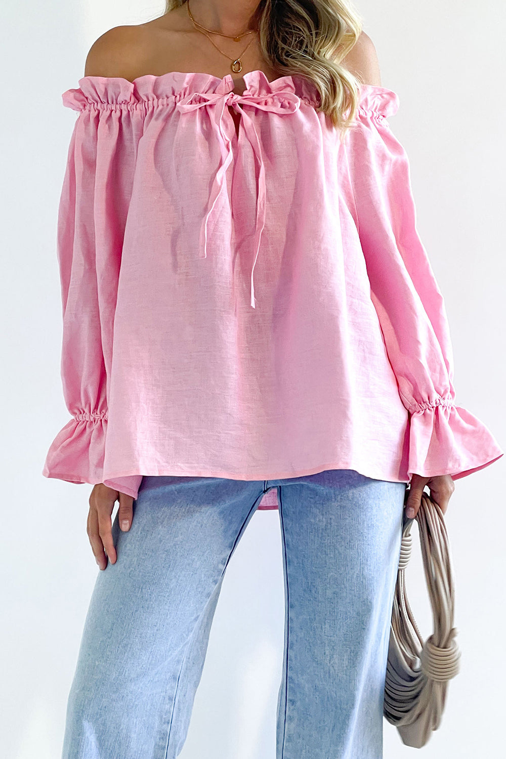 MeiMei Drawstring Off-Shoulder Flounce Sleeve Blouse