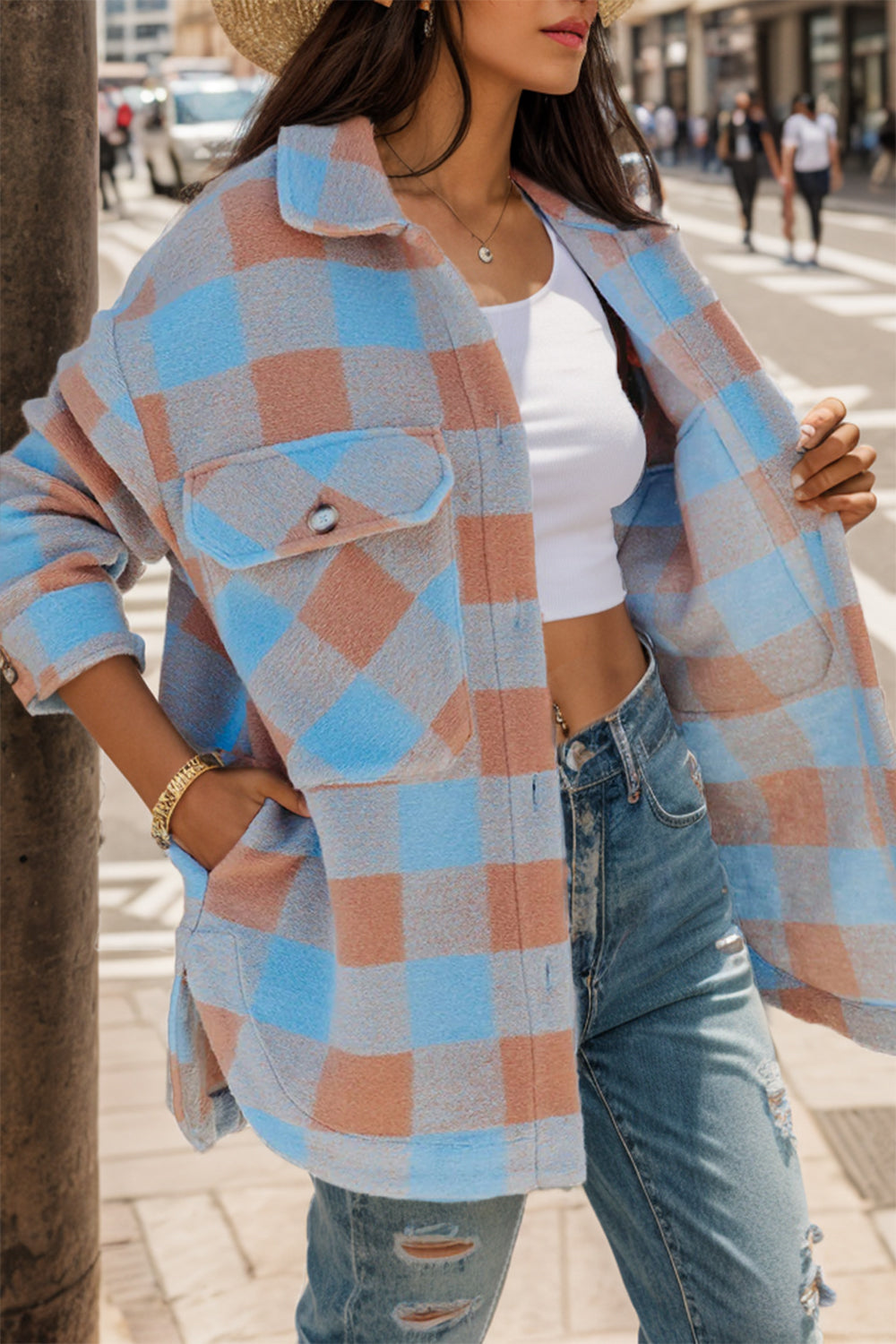 MeiMei Plaid Button Up Dropped Shoulder Jacket