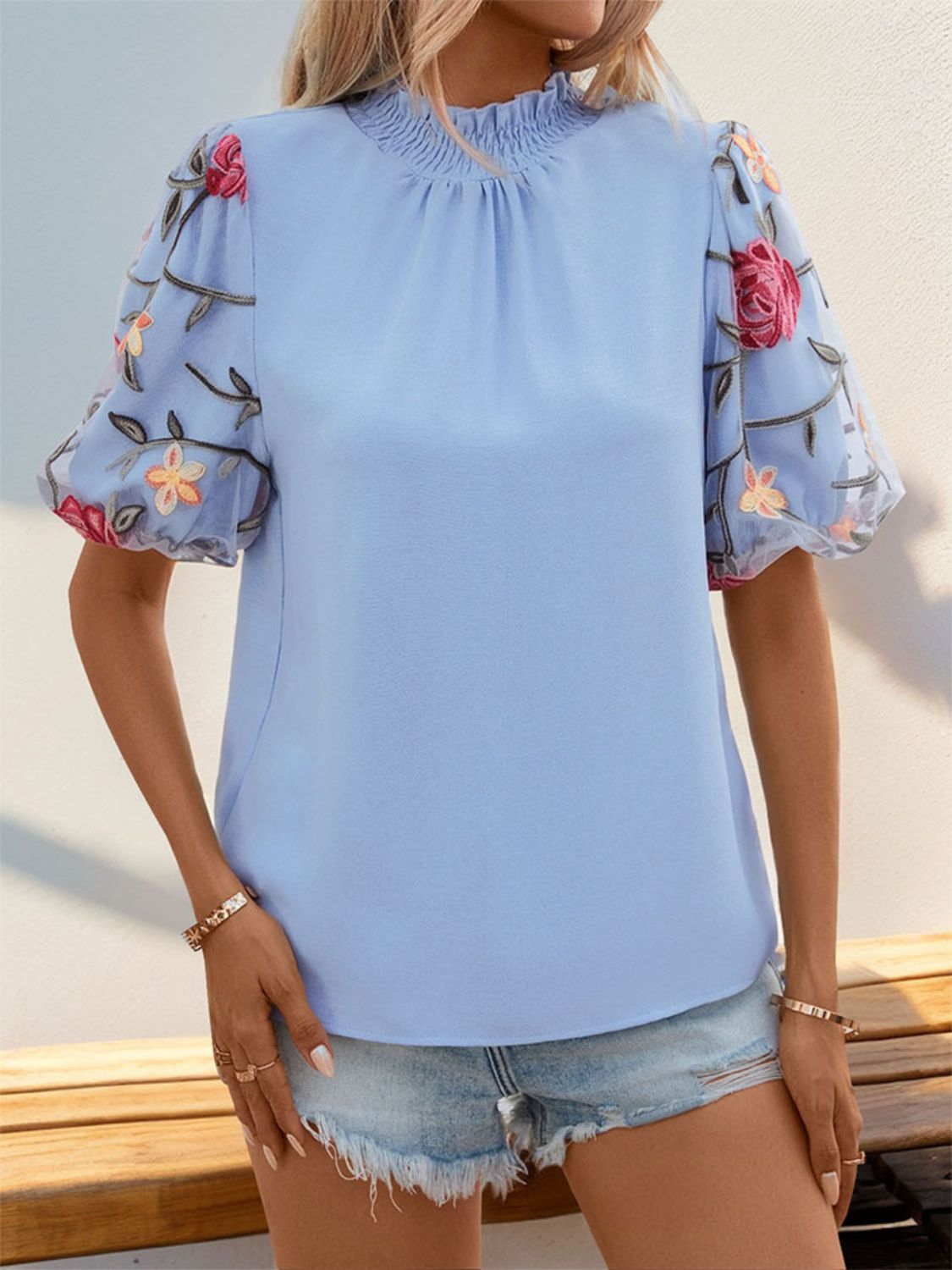 Perfee Embroidered Mock Neck Puff Sleeve Blouse