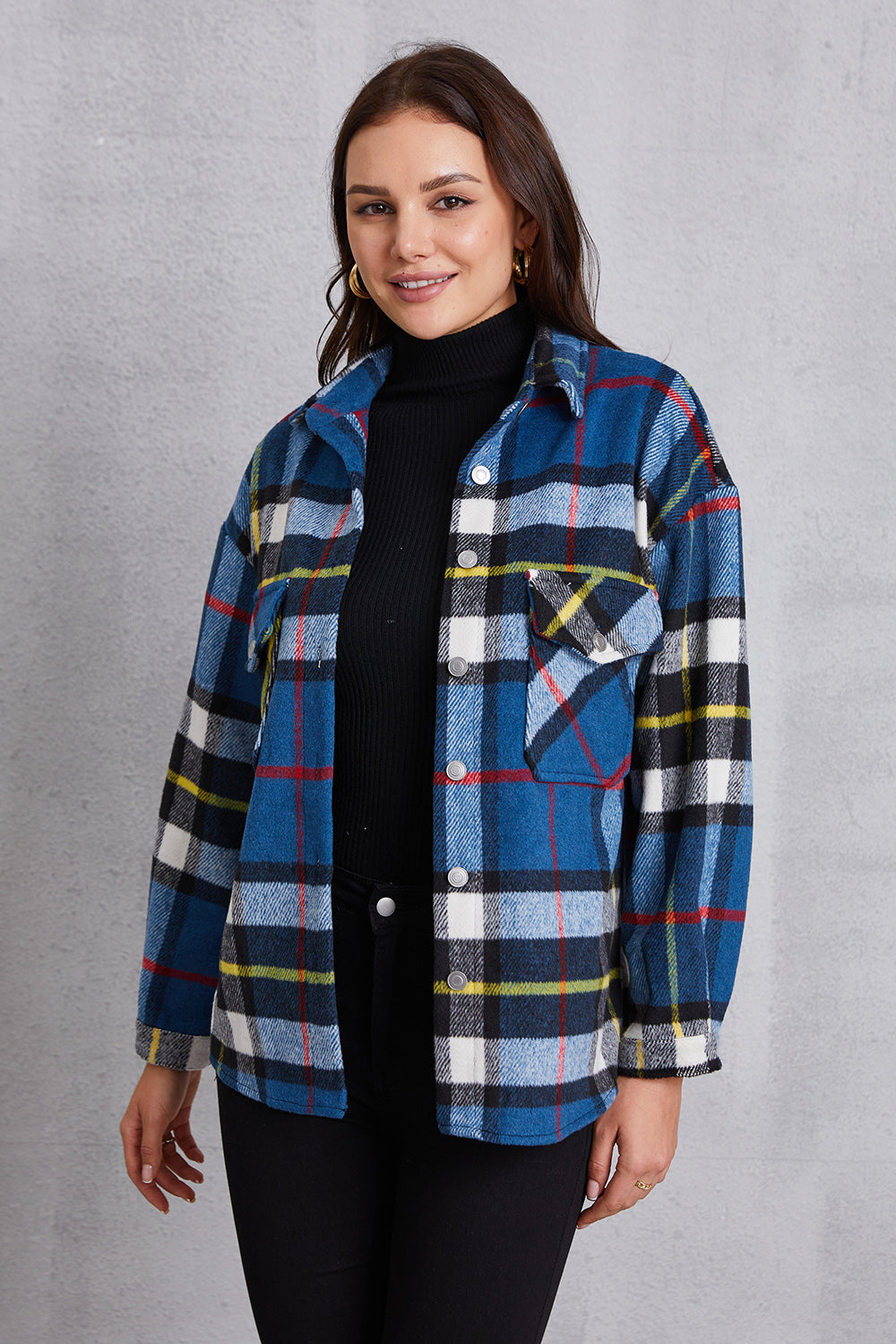 MeiMei Plaid Button Up Dropped Shoulder Jacket