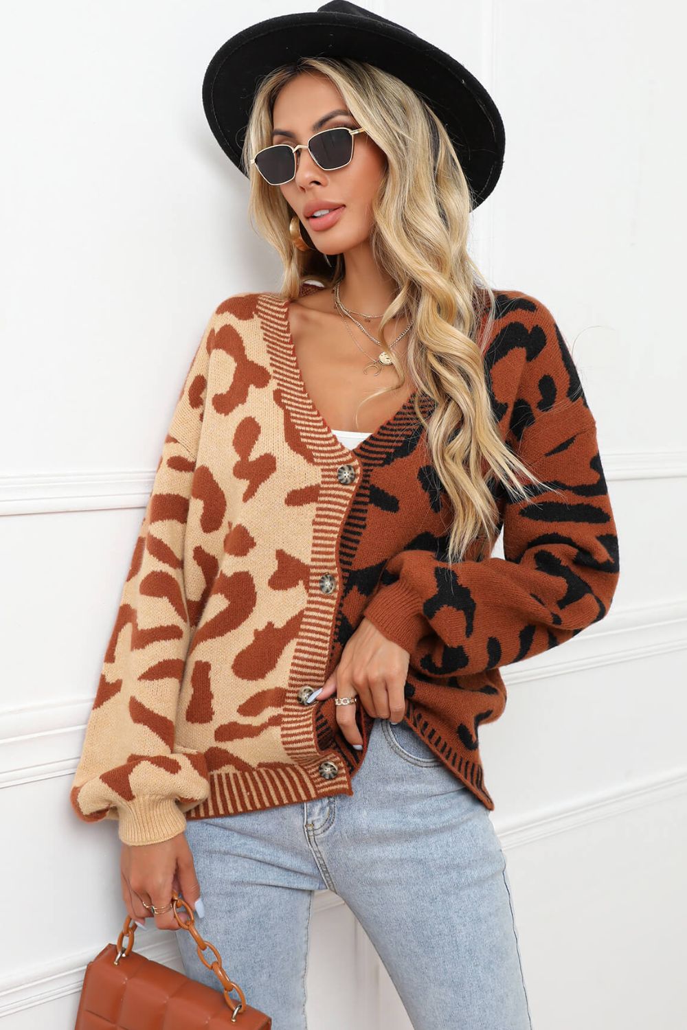 Angel Wings Leopard Button Front Ribbed Trim Cardigan