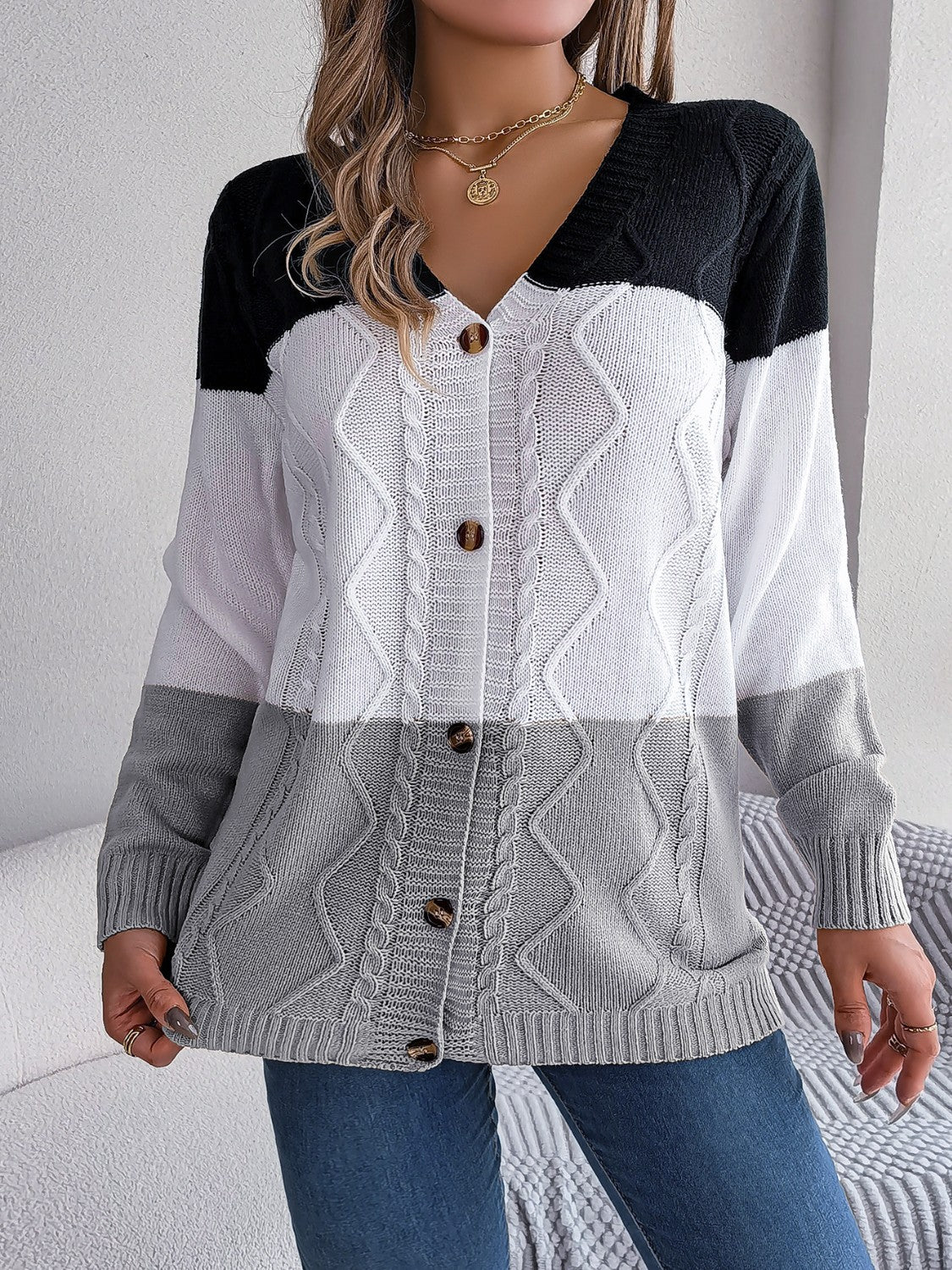 Cable-Knit Striped Button Up Cardigan