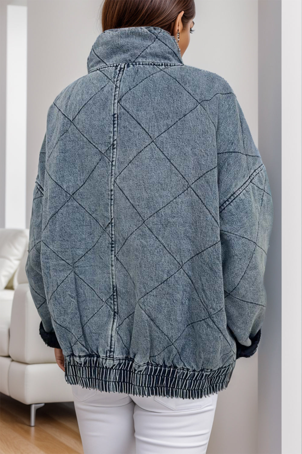 MeiMei Pocketed Zip Up Dropped Shoulder Denim Jacket