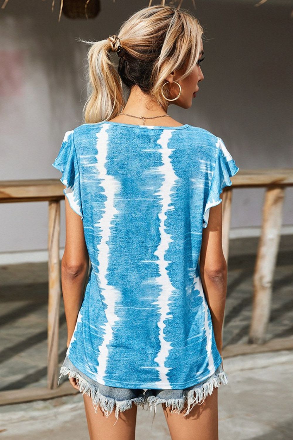 Shiny Tie-Dye Buttoned Flutter Sleeve Blouse