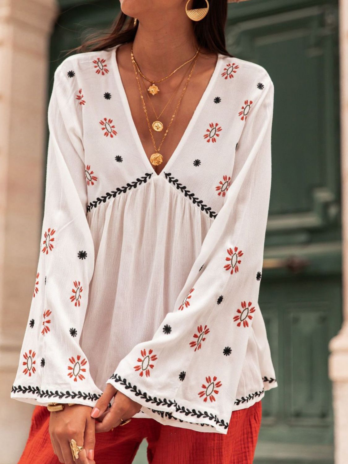 MeiMei Embroidered V-Neck Long Sleeve Blouse