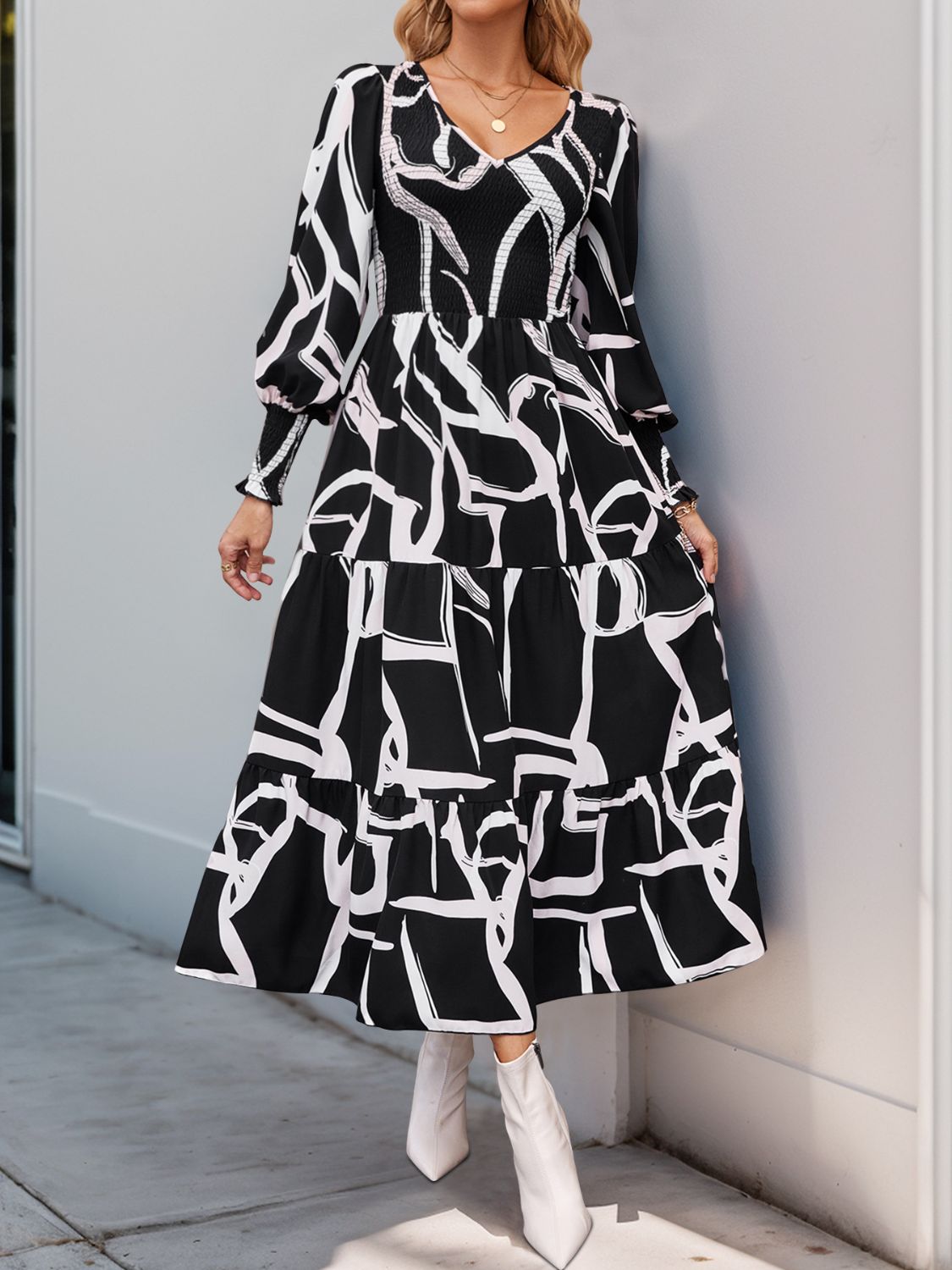 Perfee Smocked Printed Long Sleeve Midi Dress