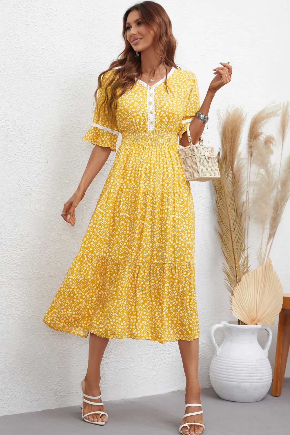 Honey Floral V-Neck Smocked Waist Midi Dress