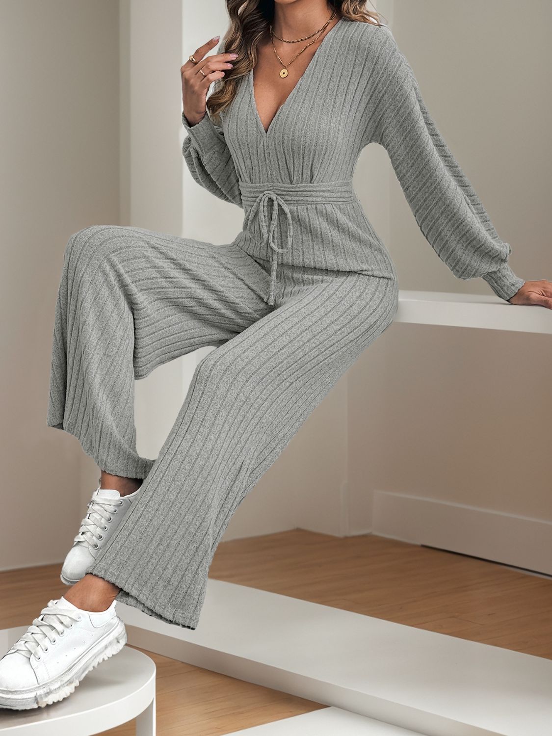 Perfee V-Neck Long Sleeve Wide Leg Jumpsuit