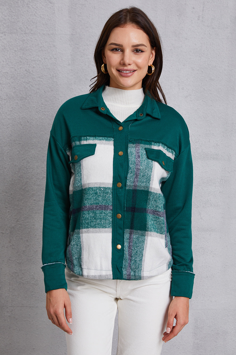 MeiMei Plaid Snap Down Pocketed Dropped Shoulder Jacket