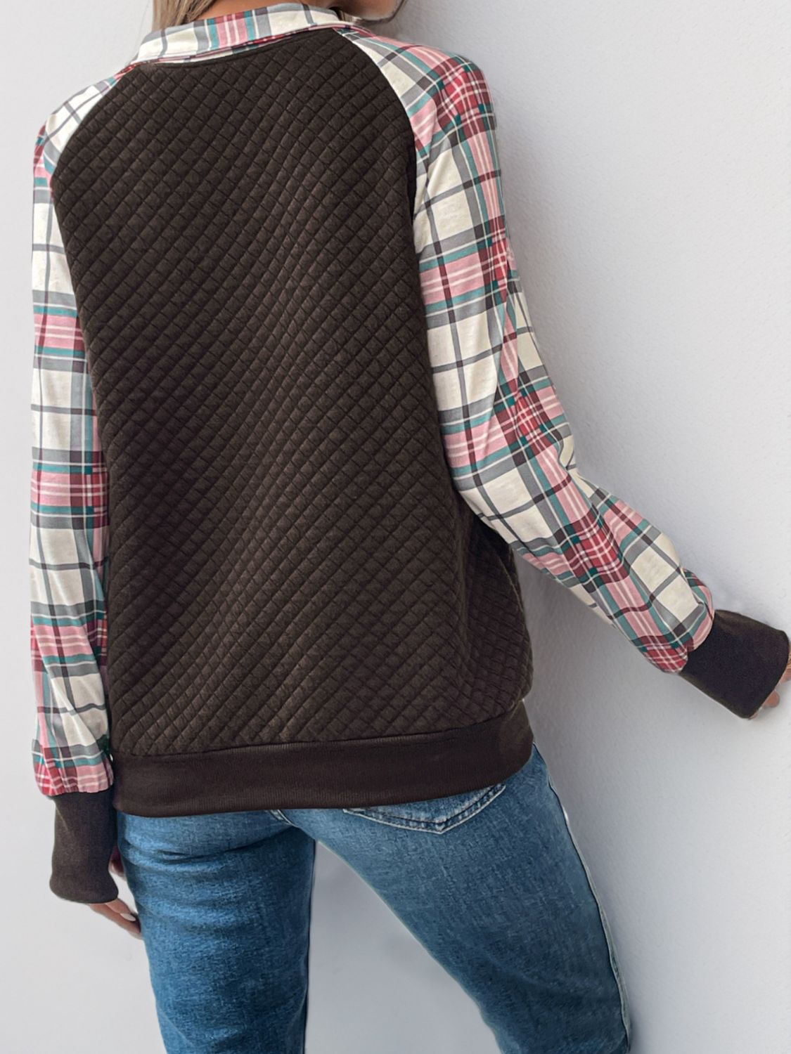 Perfee Plaid Half Zip Long Sleeve Sweatshirt