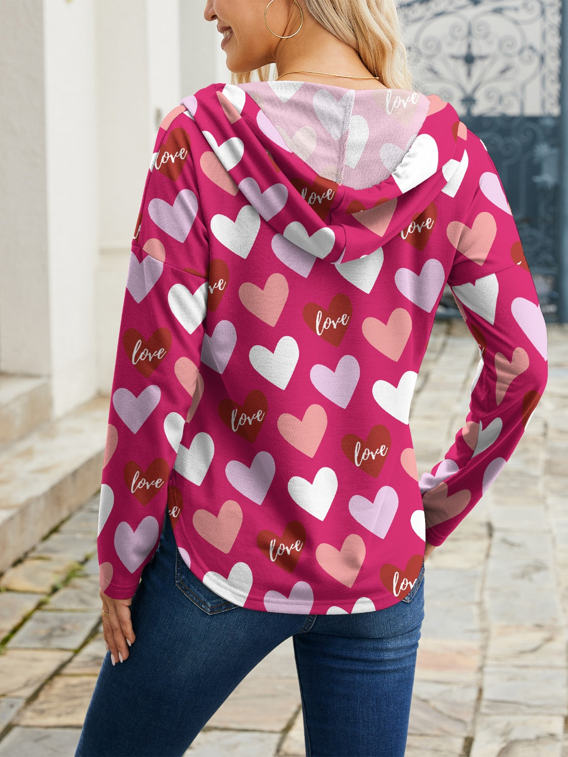 FAM-FAM Heart Drawstring Dropped Shoulder Hoodie