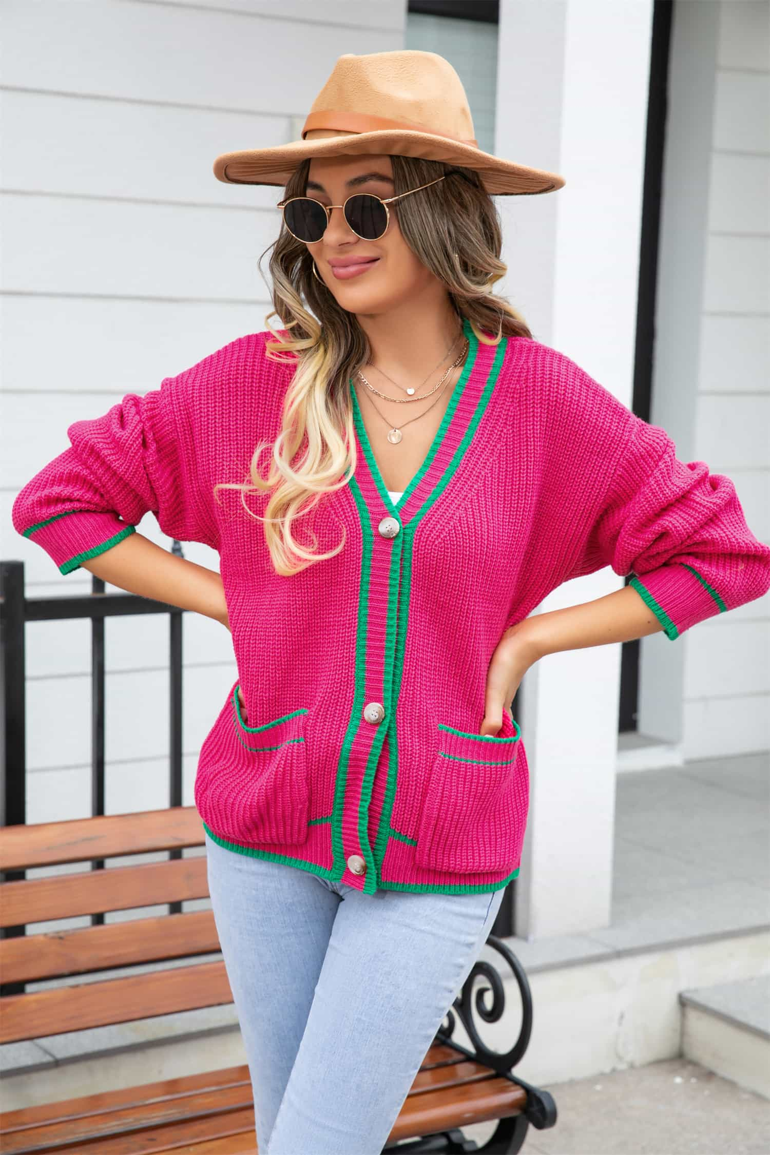 Angel Wings Waffle Knit V-Neck Cardigan with Pocket