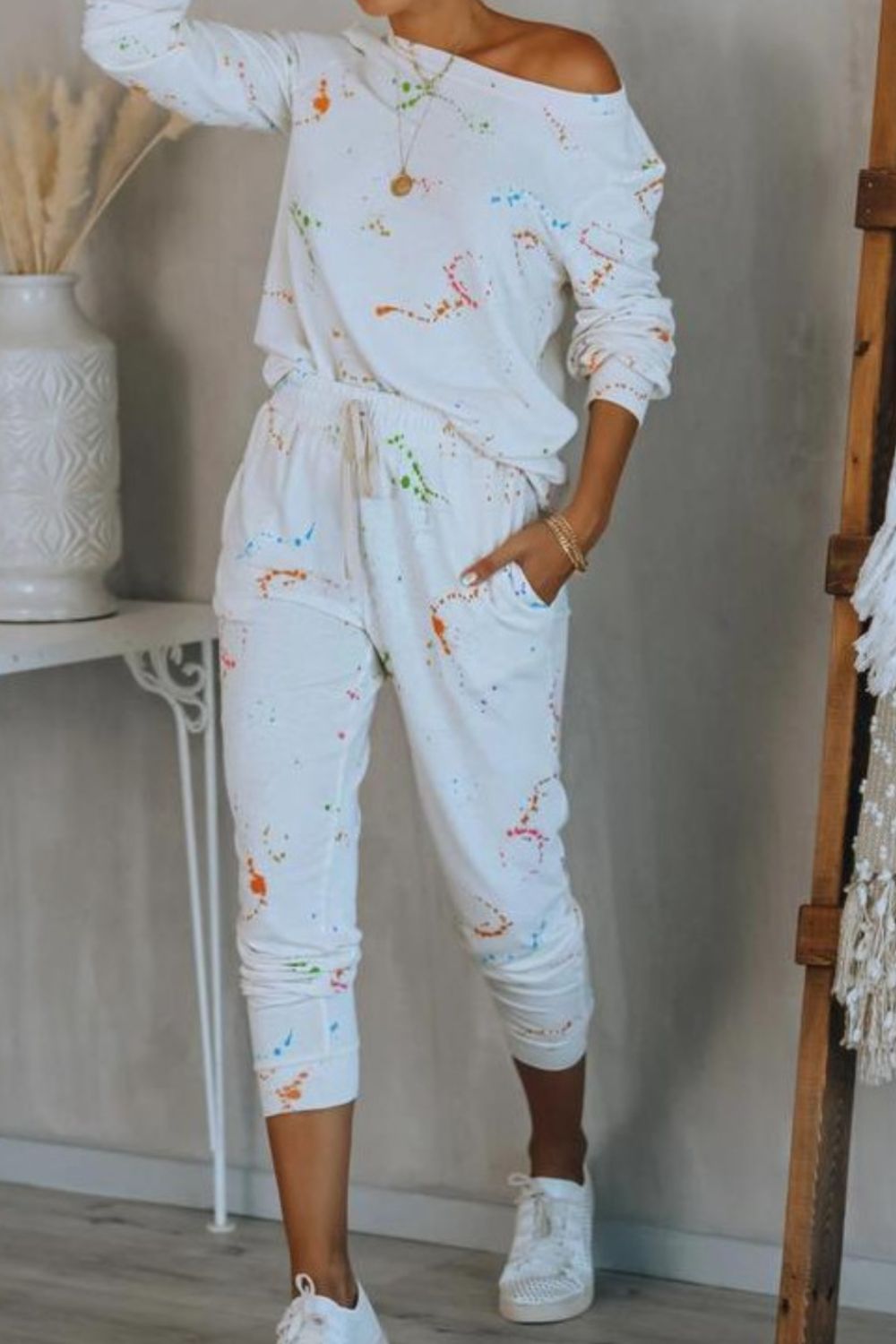 MeiMei Splatter Print Round Neck Top and Drawstring Pants Set