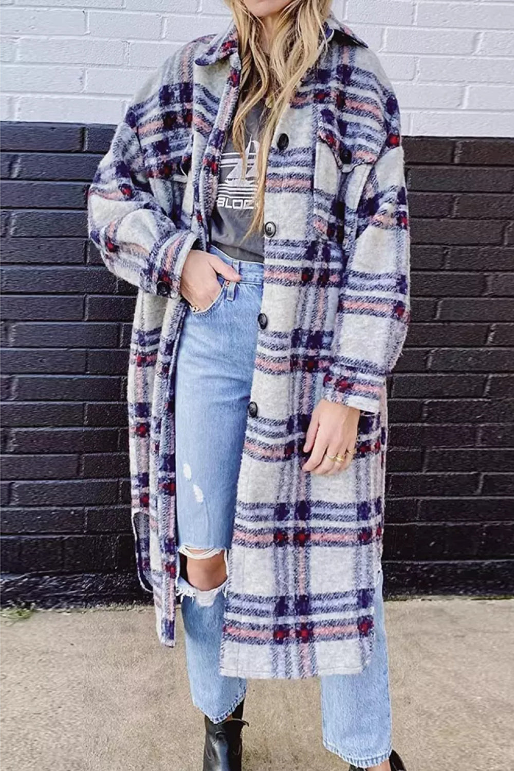 MeiMei Pocketed Plaid Long Sleeve Coat