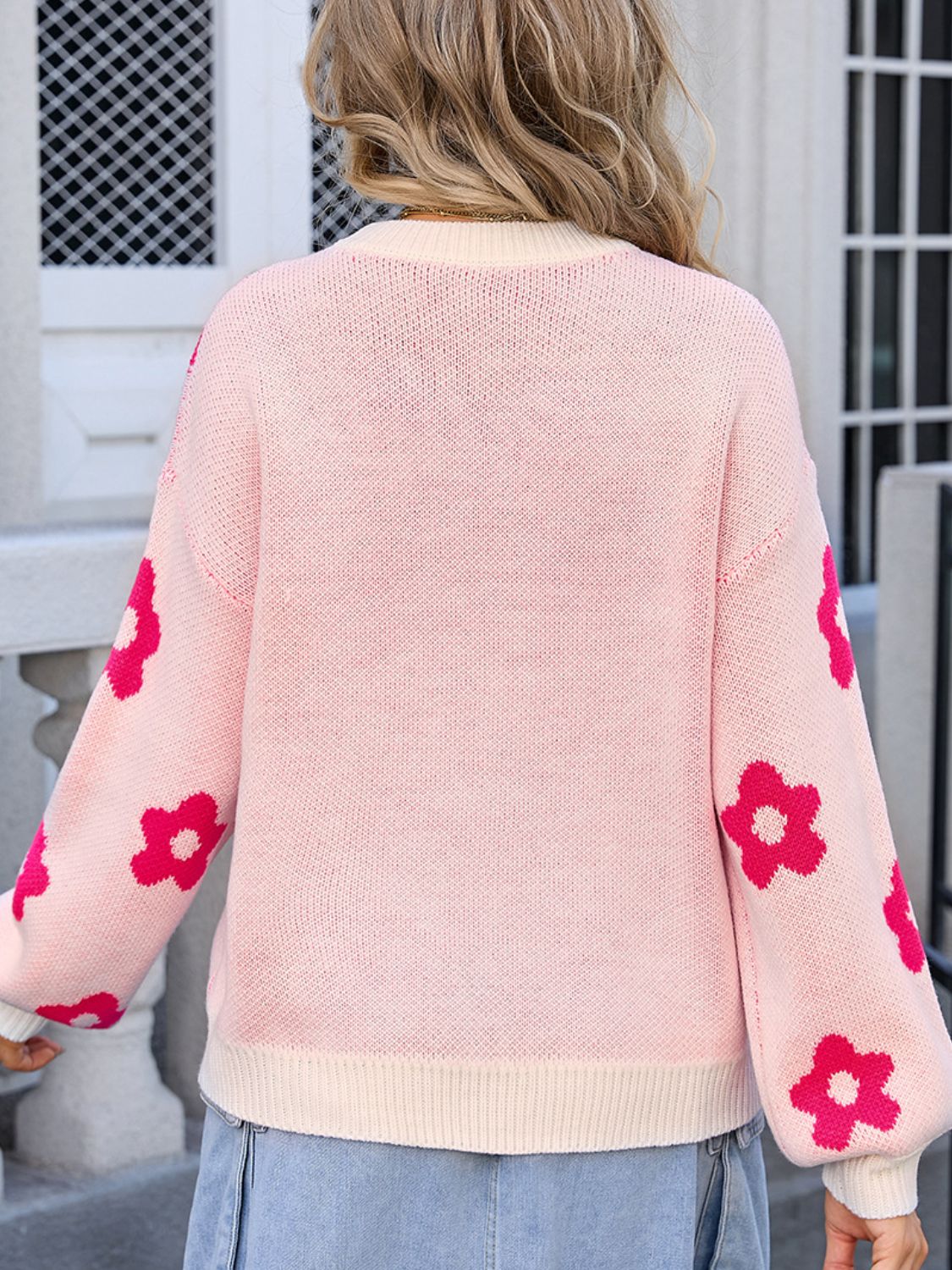 Angel Wings Flower Round Neck Dropped Shoulder Sweater