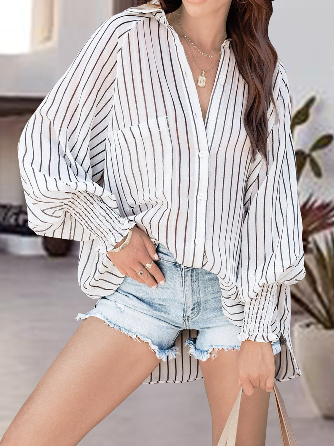 MeiMei Striped Button Up Lantern Sleeve Shirt