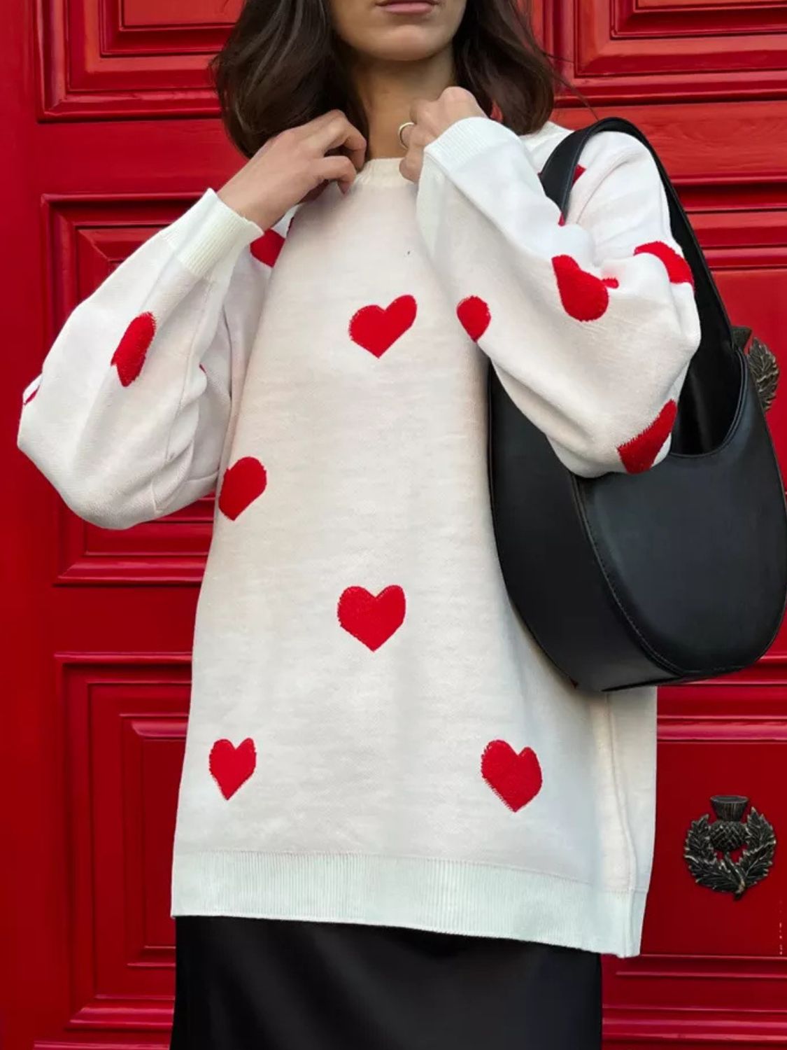 Heart Round Neck Dropped Shoulder Sweater