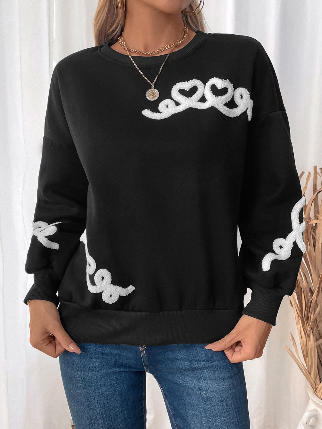 Perfee Heart Round Neck Long Sleeve Sweater