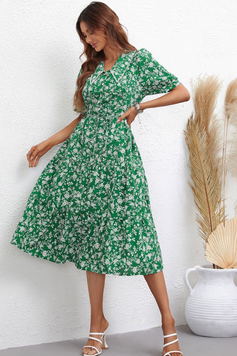 Honey Floral Tie Waist Puff Sleeve Midi Dress