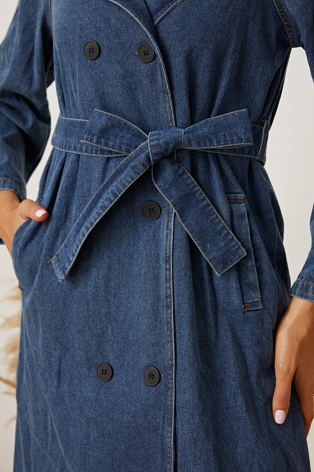 MeiMei Double-Breasted Belted Longline Denim Jacket