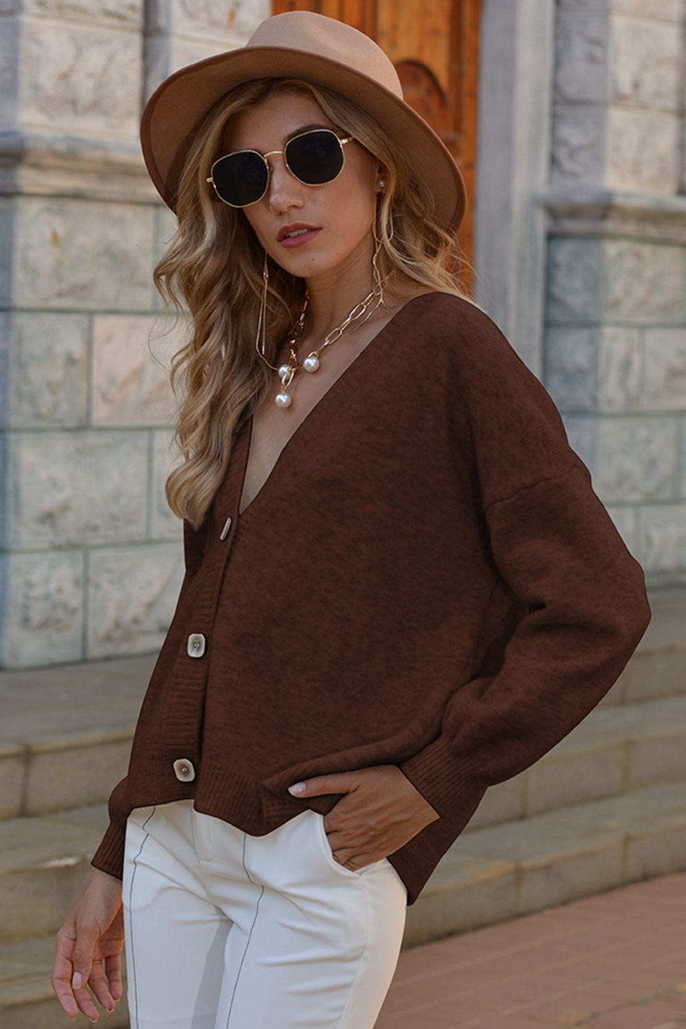 Shiny V-Neck Button-Down Dropped Shoulder Cardigan