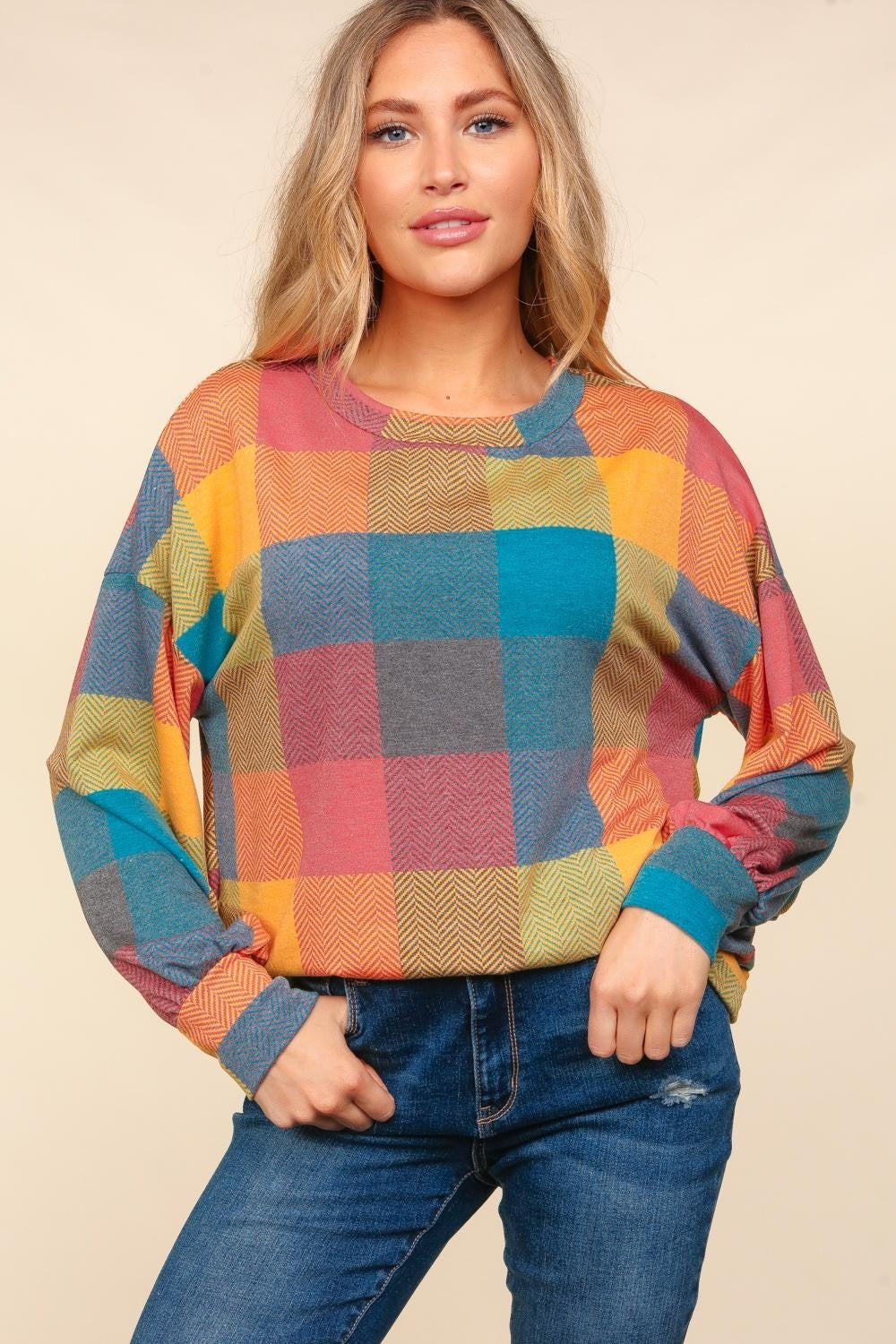 Haptics Round Neck Color Block Plaid Top