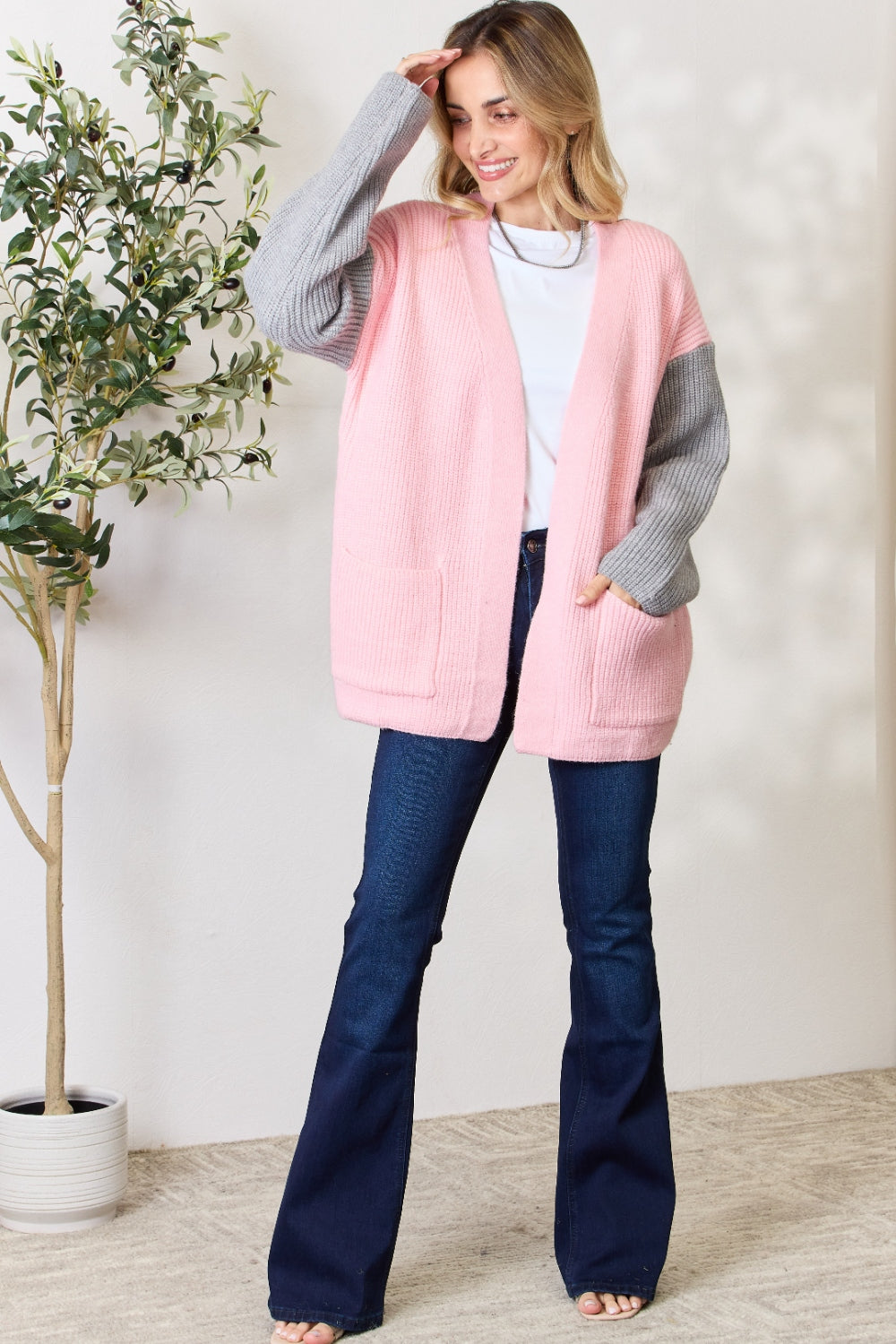 BiBi Contrast Open Front Cardigan with Pockets