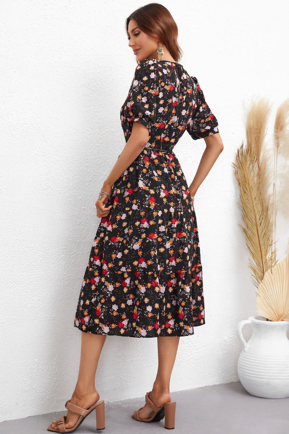 Honey Floral Collared Neck Puff Sleeve Dress