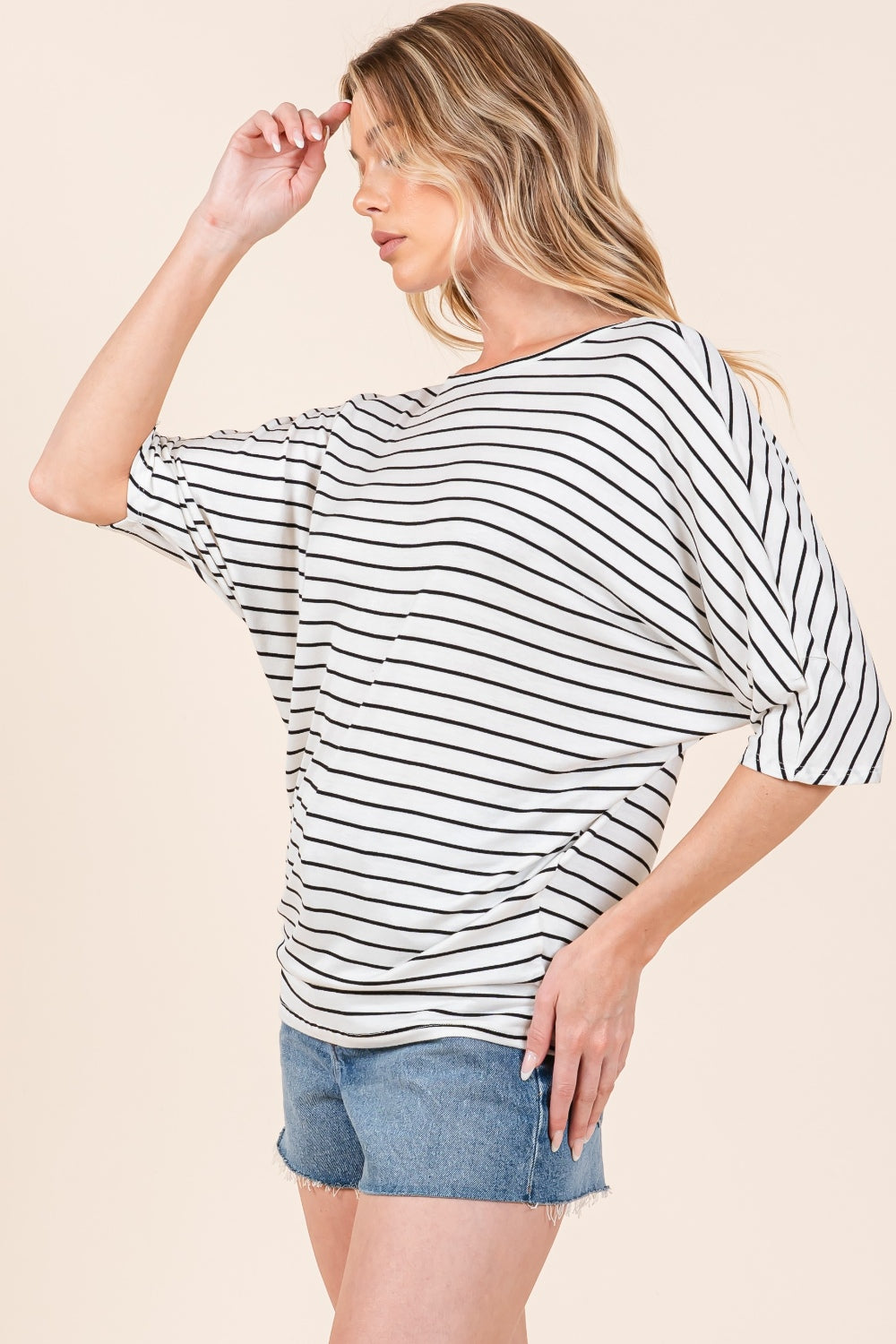 BOMBOM Striped Boat Neck Dolman Sleeve Top