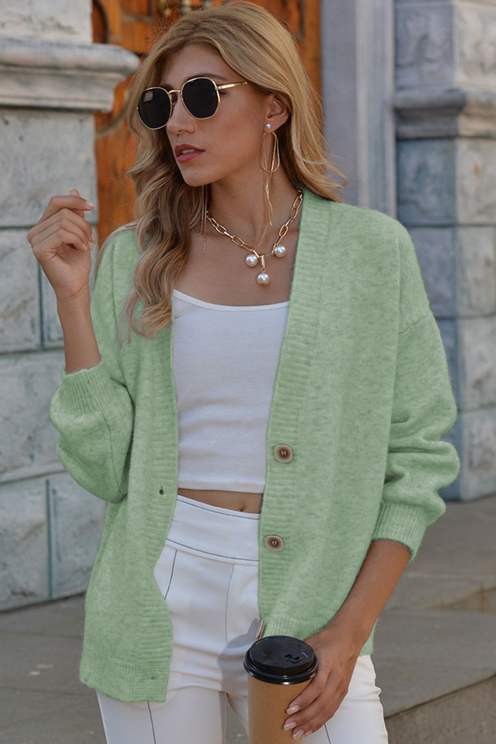 Shiny V-Neck Button-Down Dropped Shoulder Cardigan