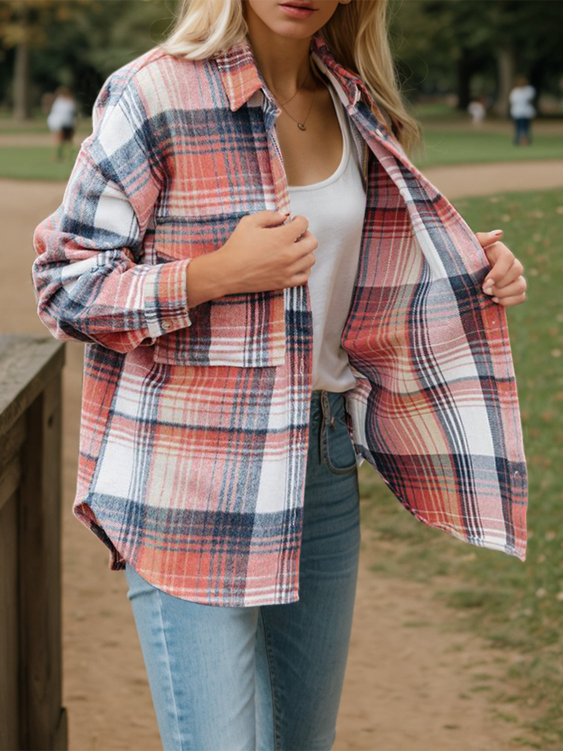 MeiMei Plaid Button Up Dropped Shoulder Shirt