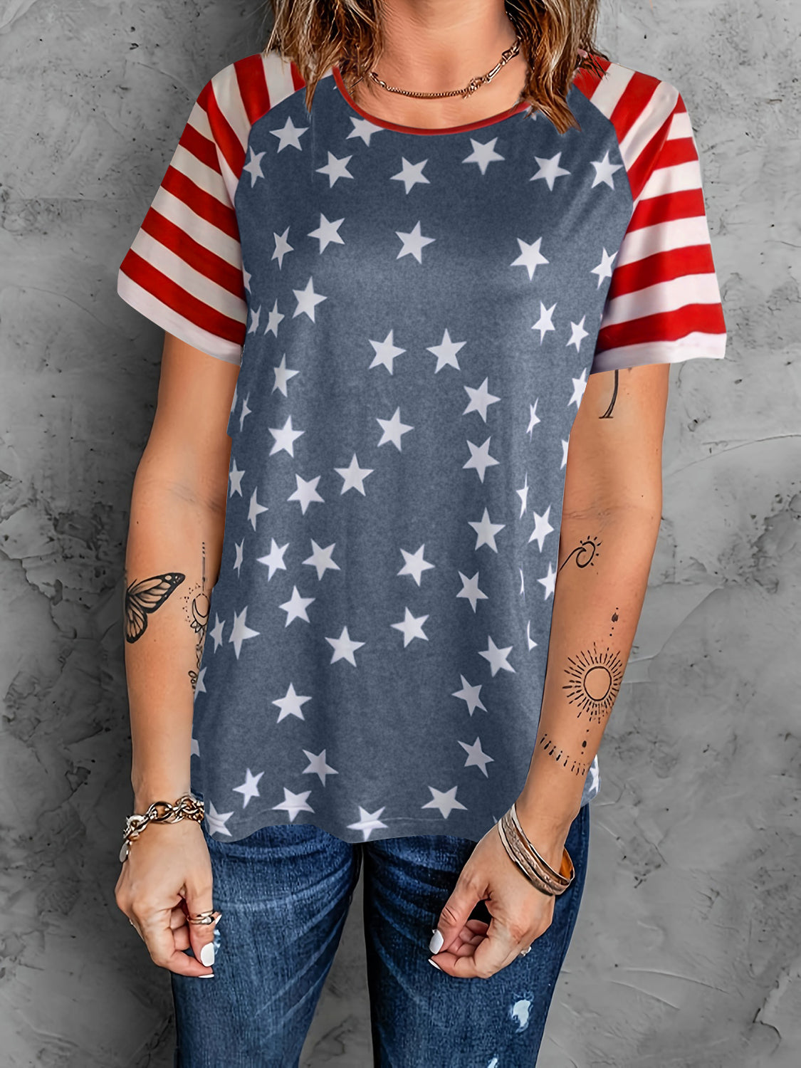 MeiMei Full Size Star Striped Round Neck Short Sleeve T-Shirt