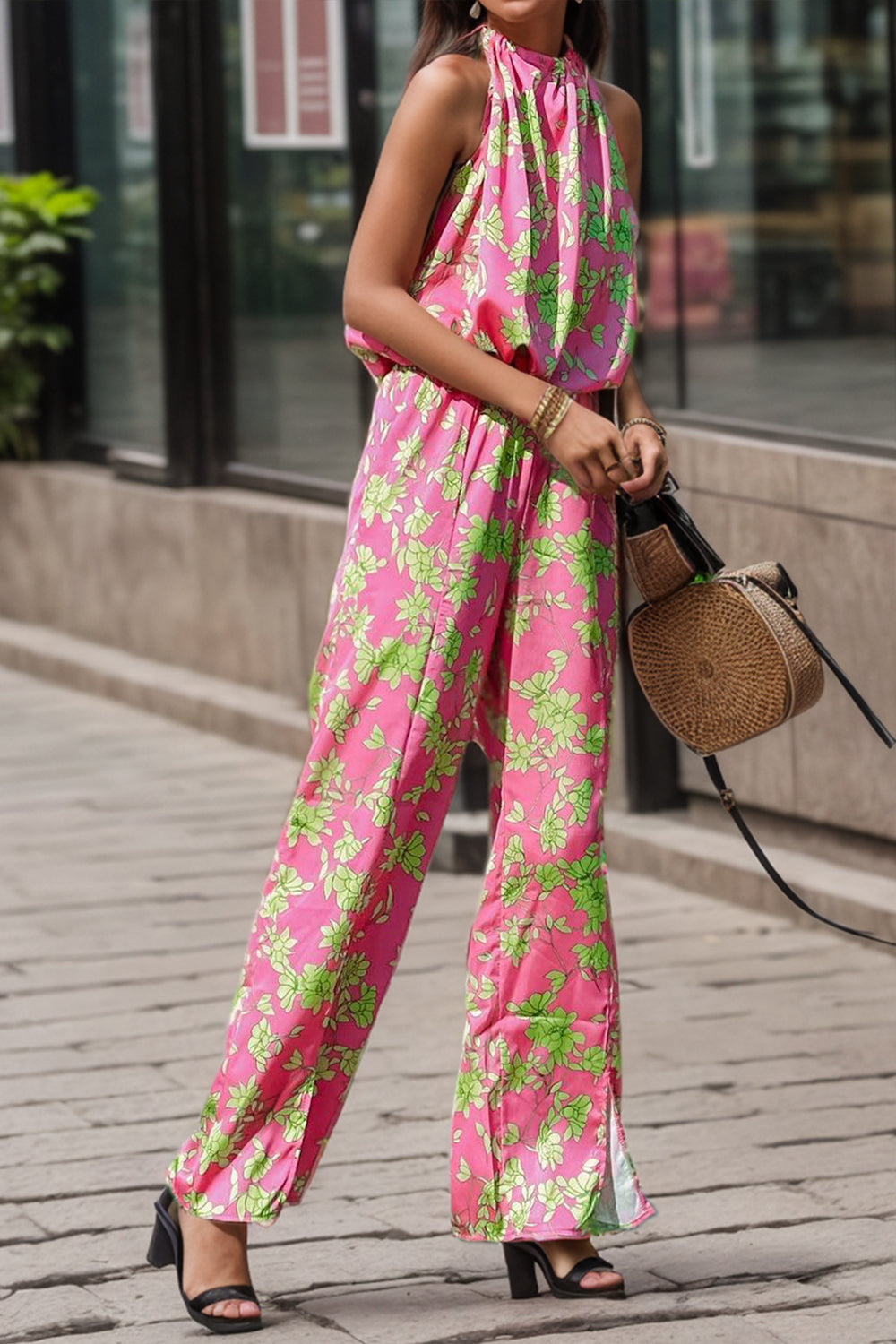 MeiMei Printed Mock Neck Sleeveless Jumpsuit