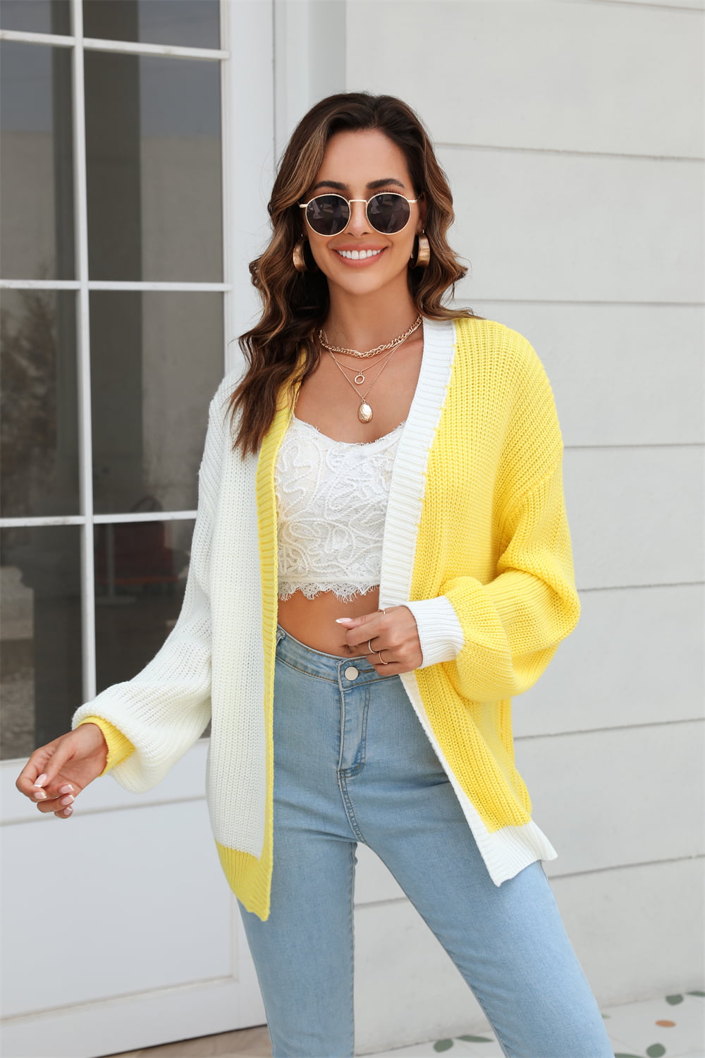 Angel Wings Open Front Contrast Color Balloon Sleeve Cardigan