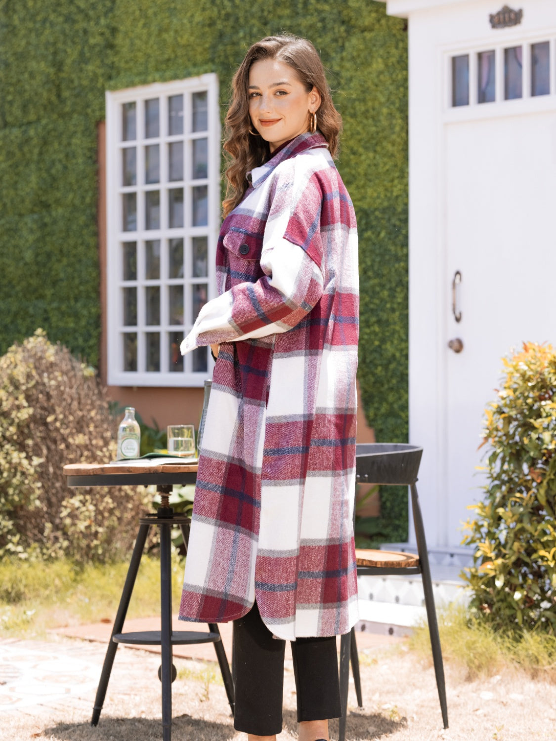 MeiMei Plaid Button Up Dropped Shoulder Coat