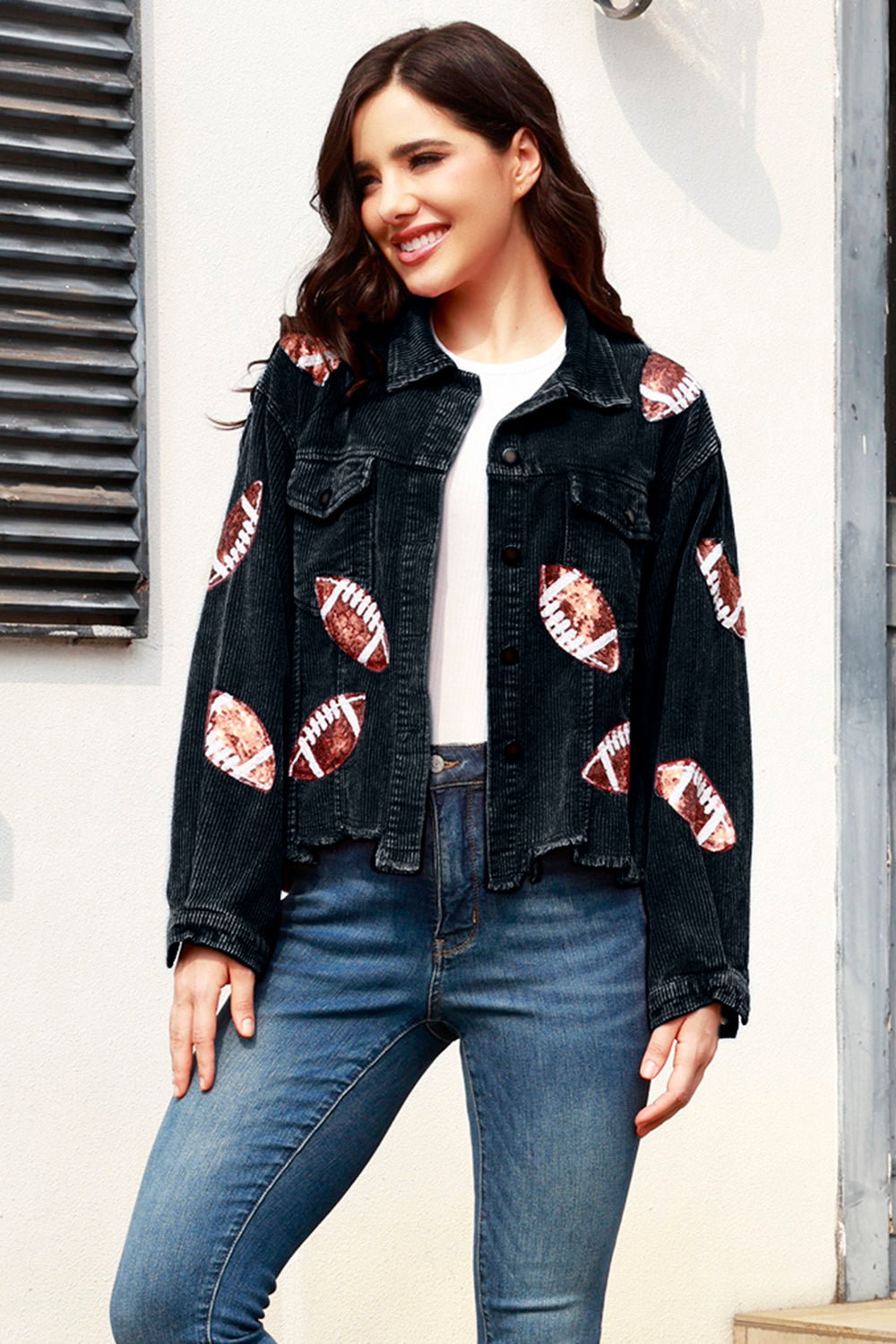 MeiMei Football Sequin Raw Hem Collared Neck Jacket